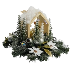 DUŻA DREWNIANA SZOPKA BOŻONARODZENIOWA PODŚWIETLANA - OŚNIEŻONA SCENERIA ŚWIATECZNA ZE ŚWIĘTĄ RODZINĄ