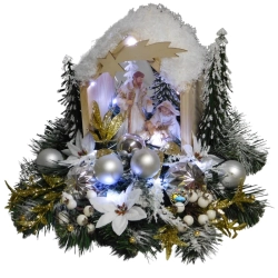 DUŻA DREWNIANA SZOPKA BOŻONARODZENIOWA PODŚWIETLANA - OŚNIEŻONA SCENERIA ŚWIATECZNA ZE ŚWIĘTĄ RODZINĄ