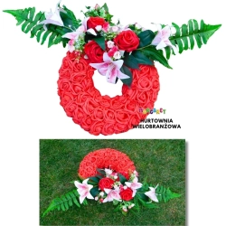 KOMPOZYCJA NAGROBNA STROIK WIANEK KOŁO Z CZERWONYCH SZTUCZNYCH RÓŻ 30 CM