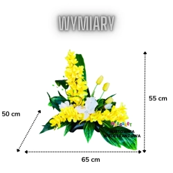 KOMPOZYCJA WIOSENNA NA CMENTARZ WIELKANOCNA ŻOŁTE FREZJE GUMOWANE TULIPANY IRYSY