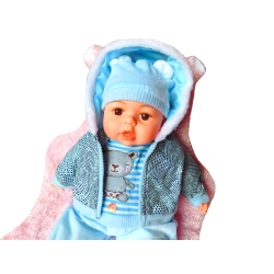 LALKA BOBAS FUNKCYJNA 45 CM ŚPIEWA MIĘKKA GUMOWA SMOCZEK NIEBIESKI STRÓJ