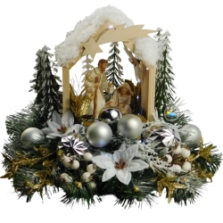 DUŻA DREWNIANA SZOPKA BOŻONARODZENIOWA PODŚWIETLANA - OŚNIEŻONA SCENERIA ŚWIATECZNA ZE ŚWIĘTĄ RODZINĄ