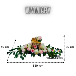 STROIK NAGROBNY XL LAMPION DREWNIANY Z  BIAŁYMI I RÓŻOWYMI RÓŻAMI 110 CM