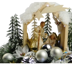 DUŻA DREWNIANA SZOPKA BOŻONARODZENIOWA PODŚWIETLANA - OŚNIEŻONA SCENERIA ŚWIATECZNA ZE ŚWIĘTĄ RODZINĄ