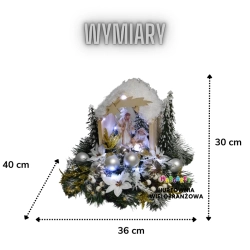 DUŻA DREWNIANA SZOPKA BOŻONARODZENIOWA PODŚWIETLANA - OŚNIEŻONA SCENERIA ŚWIATECZNA ZE ŚWIĘTĄ RODZINĄ