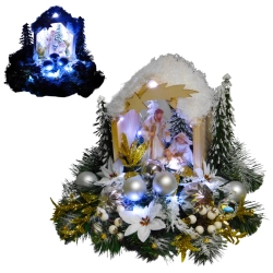 DUŻA DREWNIANA SZOPKA BOŻONARODZENIOWA PODŚWIETLANA - OŚNIEŻONA SCENERIA ŚWIATECZNA ZE ŚWIĘTĄ RODZINĄ