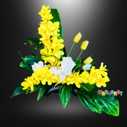 KOMPOZYCJA WIOSENNA NA CMENTARZ WIELKANOCNA ŻOŁTE FREZJE GUMOWANE TULIPANY IRYSY