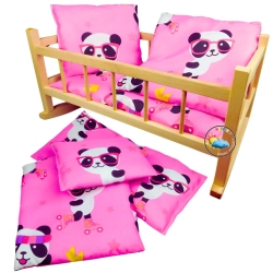 DREWNIANA KOŁYSKA DLA LALEK Z POŚCIELĄ MOTYW PANDA ZABAWA W DOM