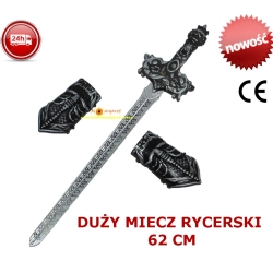 DUŻY MIECZ RYCERSKI RYCERZA SREBRNY ZDOBIONY 62CM KOSTIUM RYCERSKI