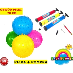 ZESTAW PIŁKA GUMOWA  Z KOLCAMI SENSORYCZNA OBWÓD 70 CM 4 KOLORY POMPKA